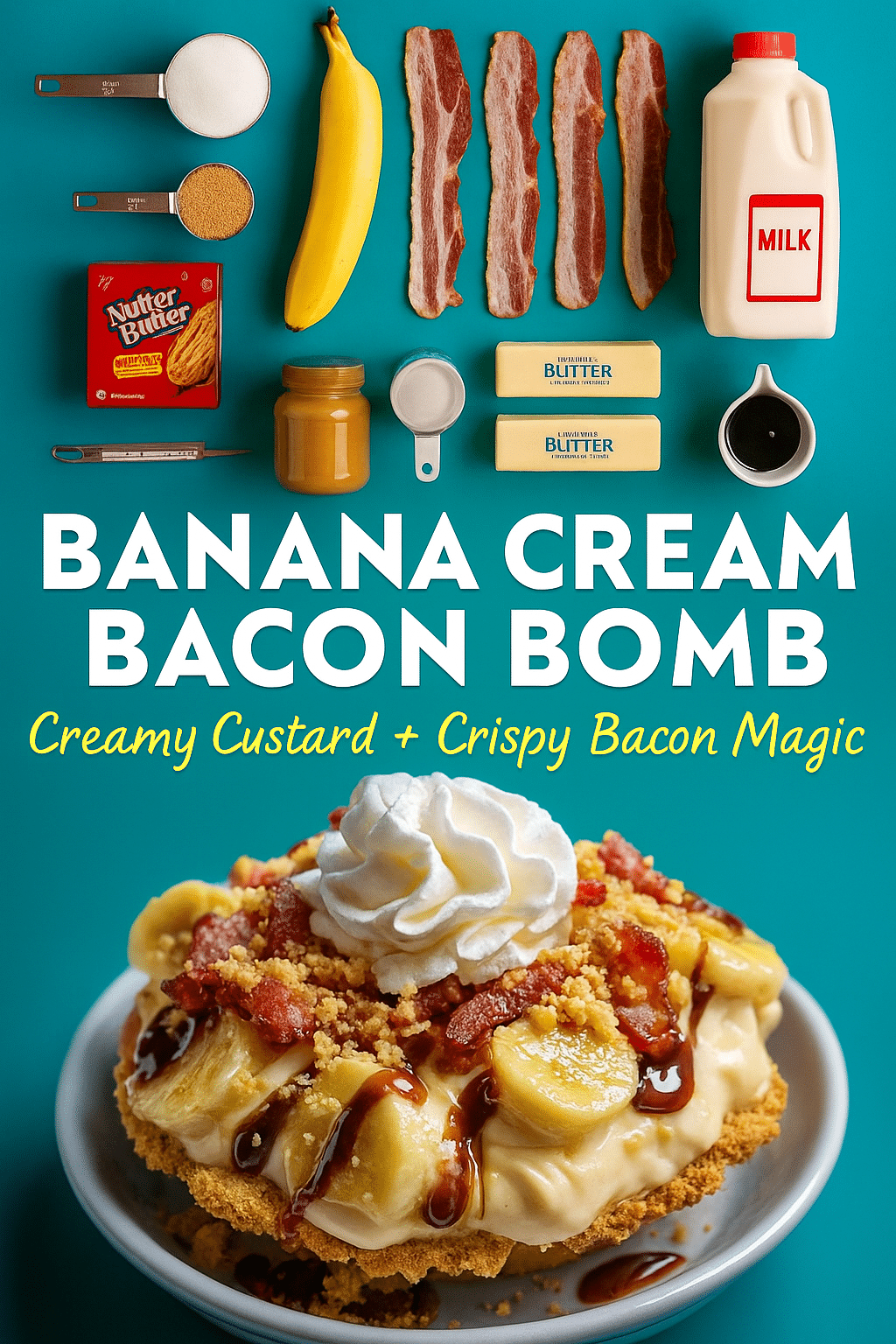 Individual Banana Cream Bacon Bomb servings with custard and bacon Pinterest recipe pin