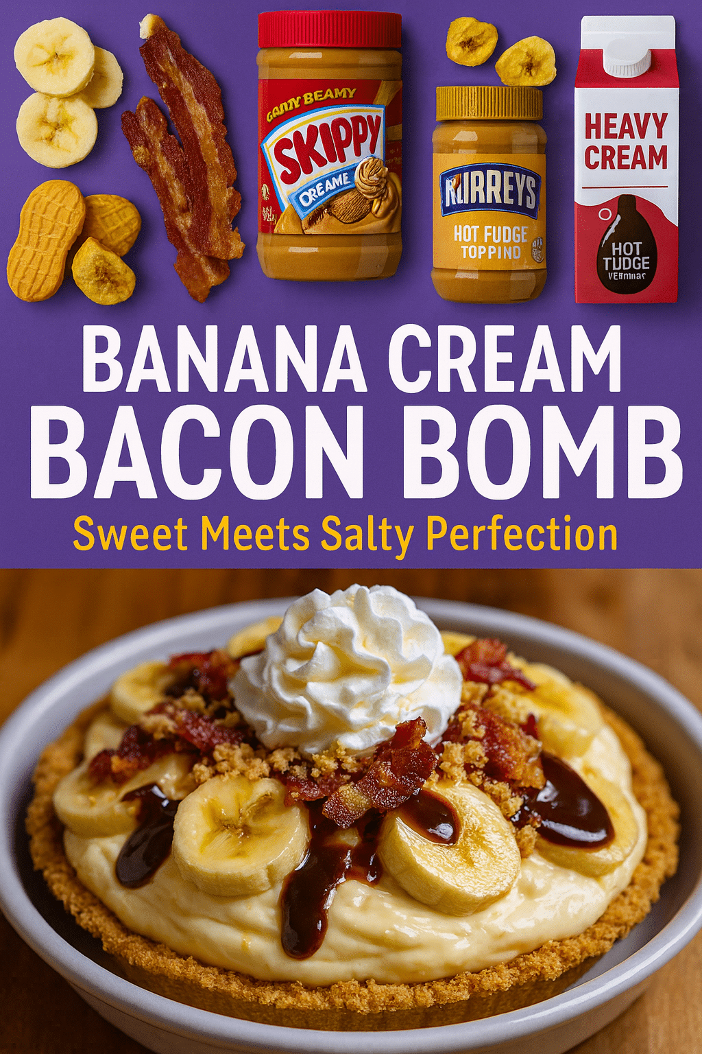 Banana Cream Bacon Bomb Pinterest pin showing ingredients and finished dessert recipe