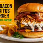 BBQ Bacon Doritos Burger with Ranch Lava Drizzle recipe - CrennRecipes gourmet-appetizers BBQ bacon doritos burger