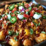 BBQ pulled pork tater tot nachos with melted cheese and fresh toppings on baking sheet