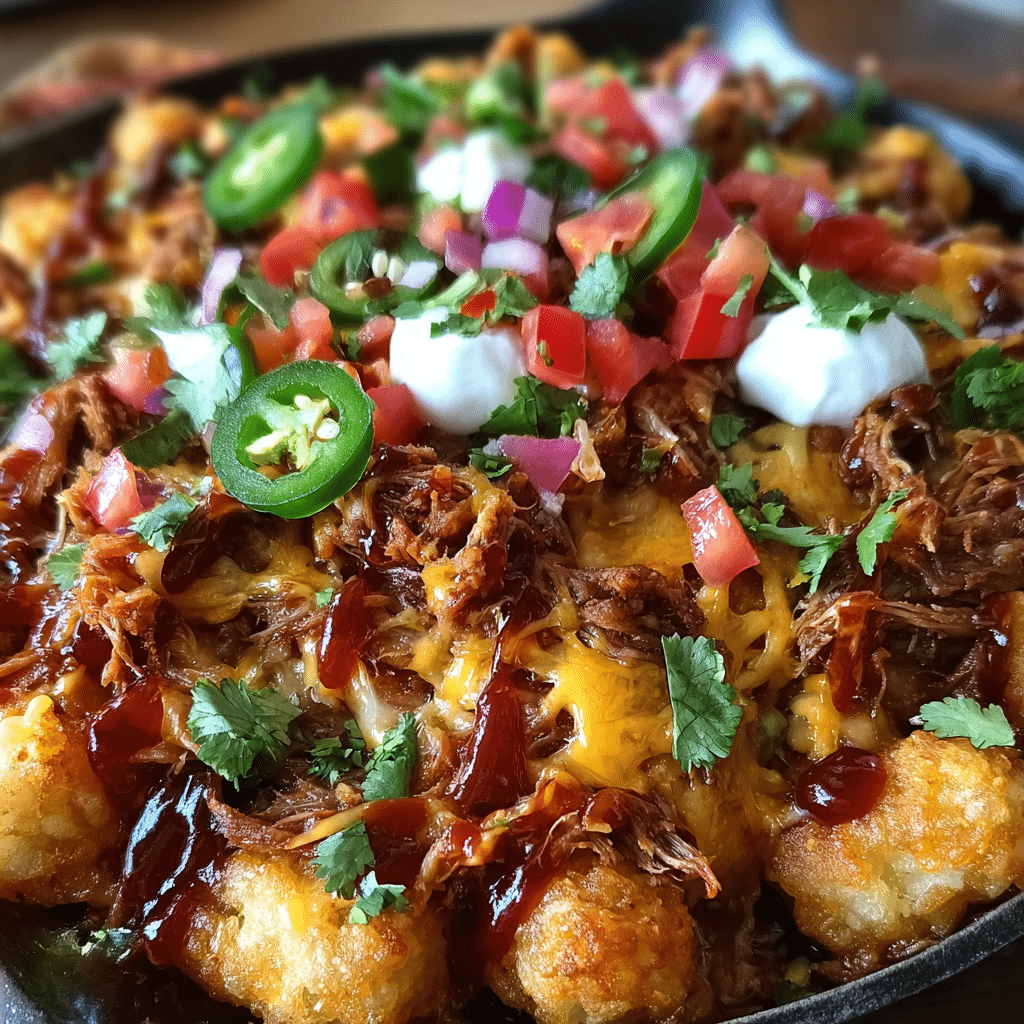 BBQ pulled pork tater tot nachos with melted cheese and fresh toppings on baking sheet