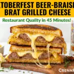 Oktoberfest Beer-Braised Brat Grilled Cheese recipe - CrennRecipes gourmet appetizers beer braised bratwurst grilled cheese