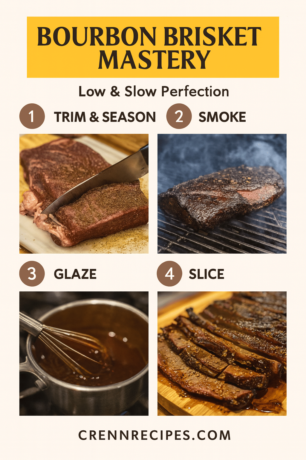 Perfect Bourbon Brisket Method tutorial pin - step-by-step elegant entrees guide