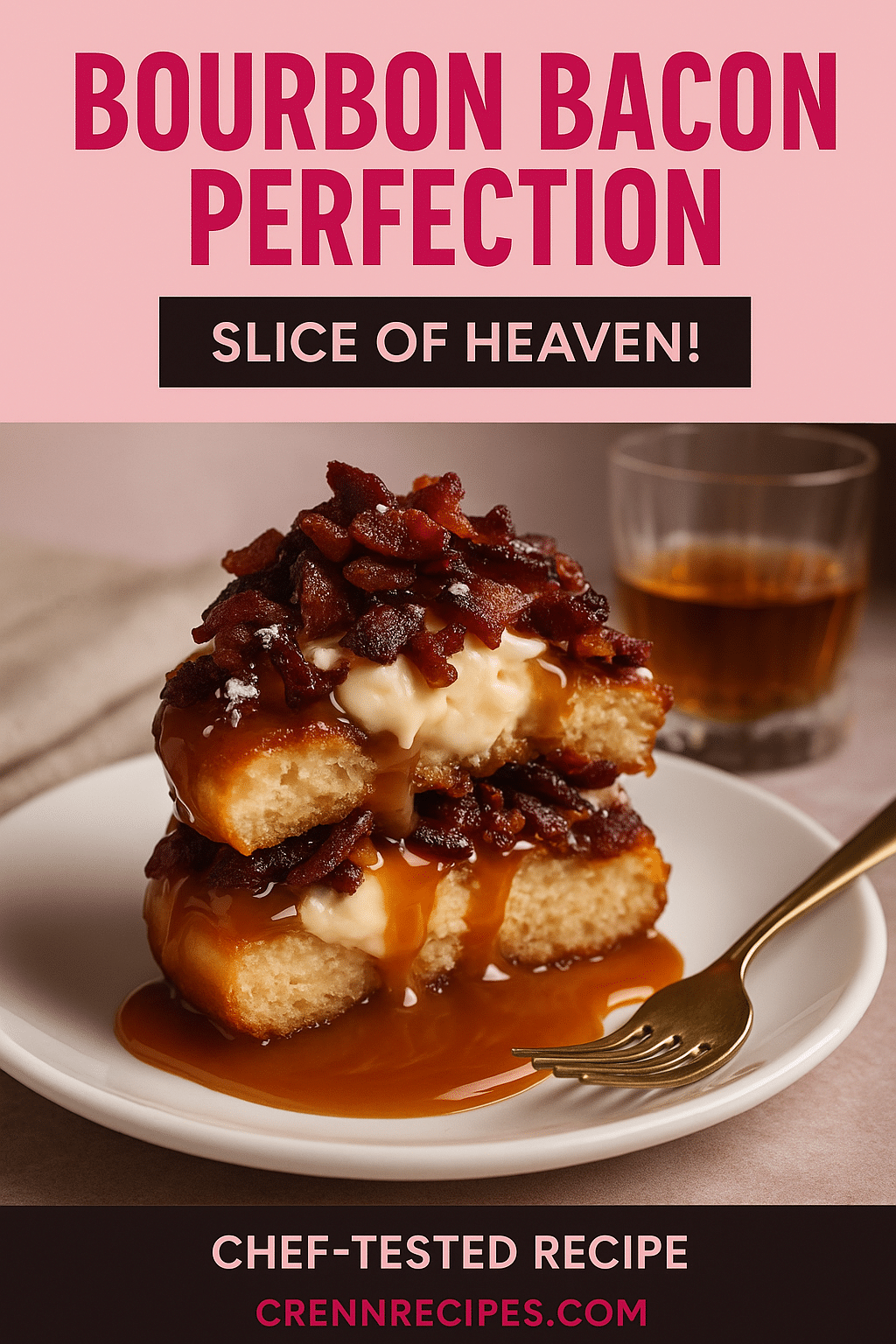 Bourbon Caramel Bacon Donut Tower Pinterest recipe pin - chef-tested dessert perfection bourbon caramel bacon donut tower