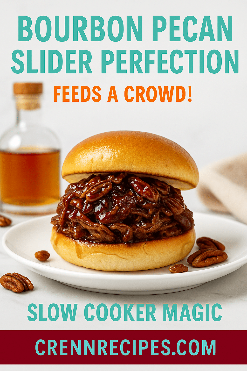 Bourbon Pecan Pie Pulled Pork Sliders Pinterest recipe pin - feeds a crowd bourbon pulled pork sliders