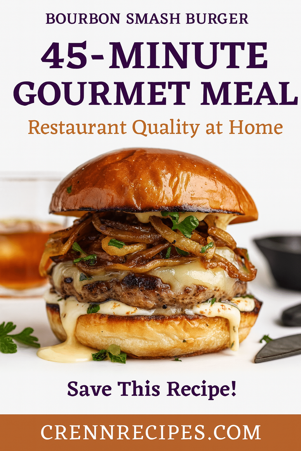 Bourbon Smash Burger Pinterest recipe pin - 45-Minute Gourmet Meal bourbon smash burger