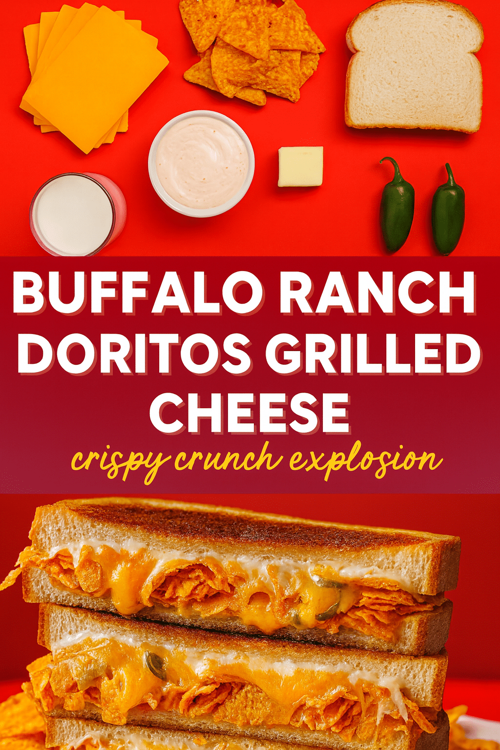 Buffalo Ranch Doritos Crunch Grilled Cheese Pinterest recipe pin with ingredients and finished sandwich