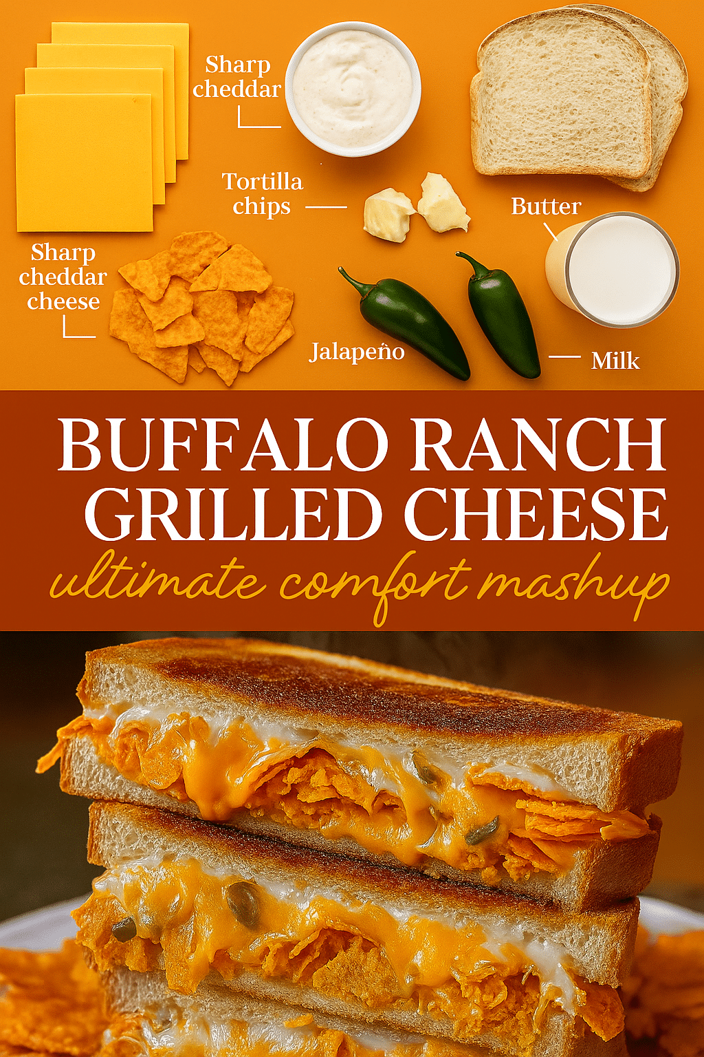 Buffalo Ranch Doritos Grilled Cheese recipe Pinterest pin showing ingredient layout and finished dish