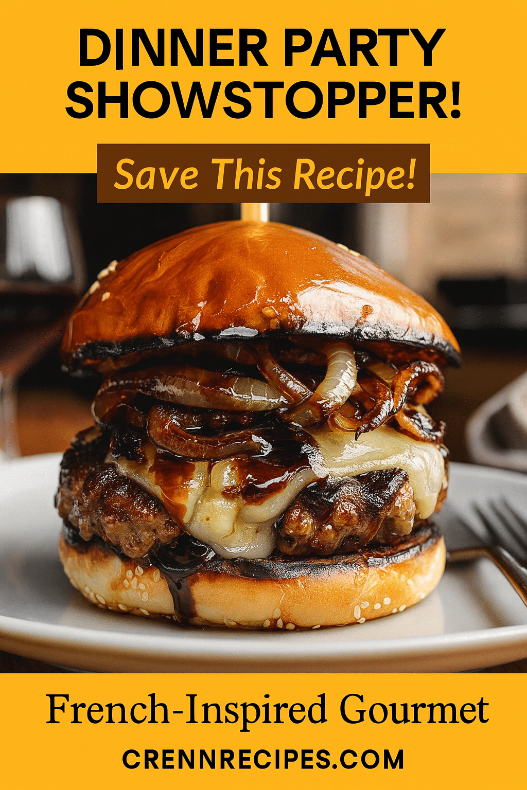 Caramelized Onion Gruyère Burger Pinterest recipe pin - Dinner Party Showstopper caramelized onion gruyere burger