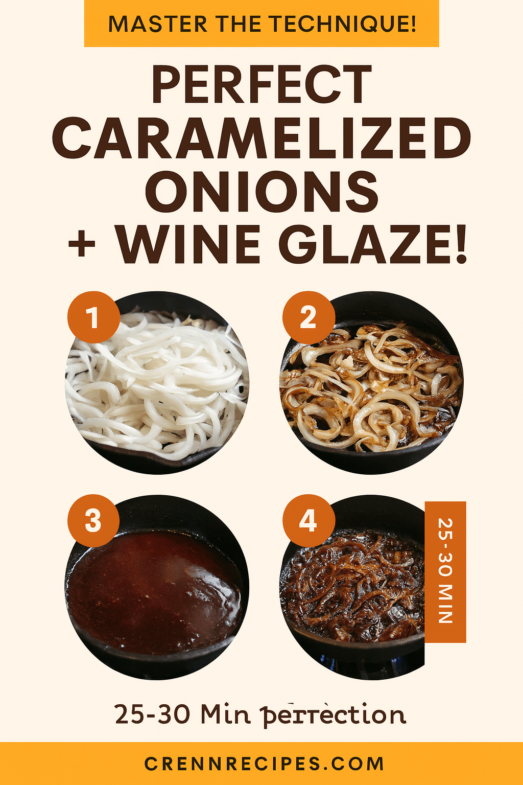 Perfect Caramelized Onions + Wine Glaze tutorial pin - step-by-step elegant-entrees guide