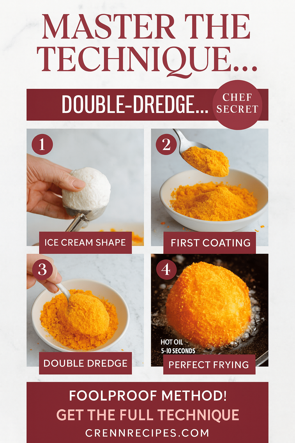 Step-by-step tutorial for double-dredge Cheetos fried ice cream coating technique Pinterest pin