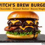 Witch's Brew Chocolate-Peanut Butter Bacon Burger recipe - CrennRecipes gourmet appetizers chocolate peanut butter bacon burger