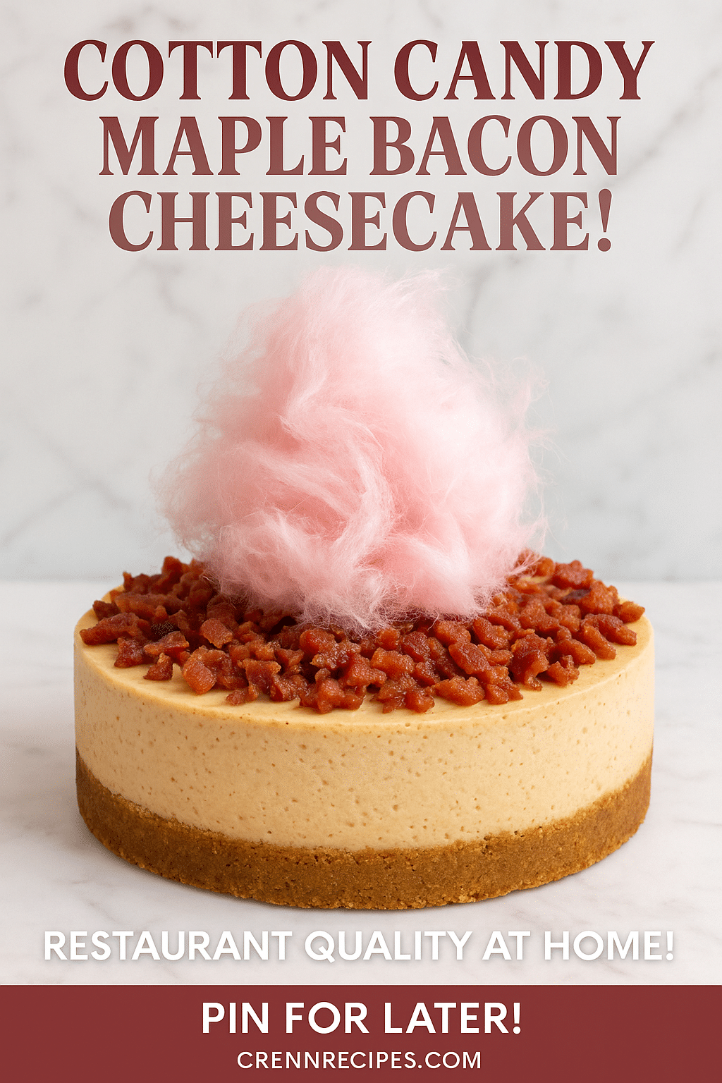 Pinterest pin for Cotton Candy Maple Bacon Cheesecake recipe featuring elegant whole cake with cotton candy and bacon garnish on marble surface