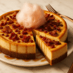 Cotton candy maple bacon cheesecake slice with golden crust and creamy filling, garnished with spun sugar and bacon bits on elegant white marble surface