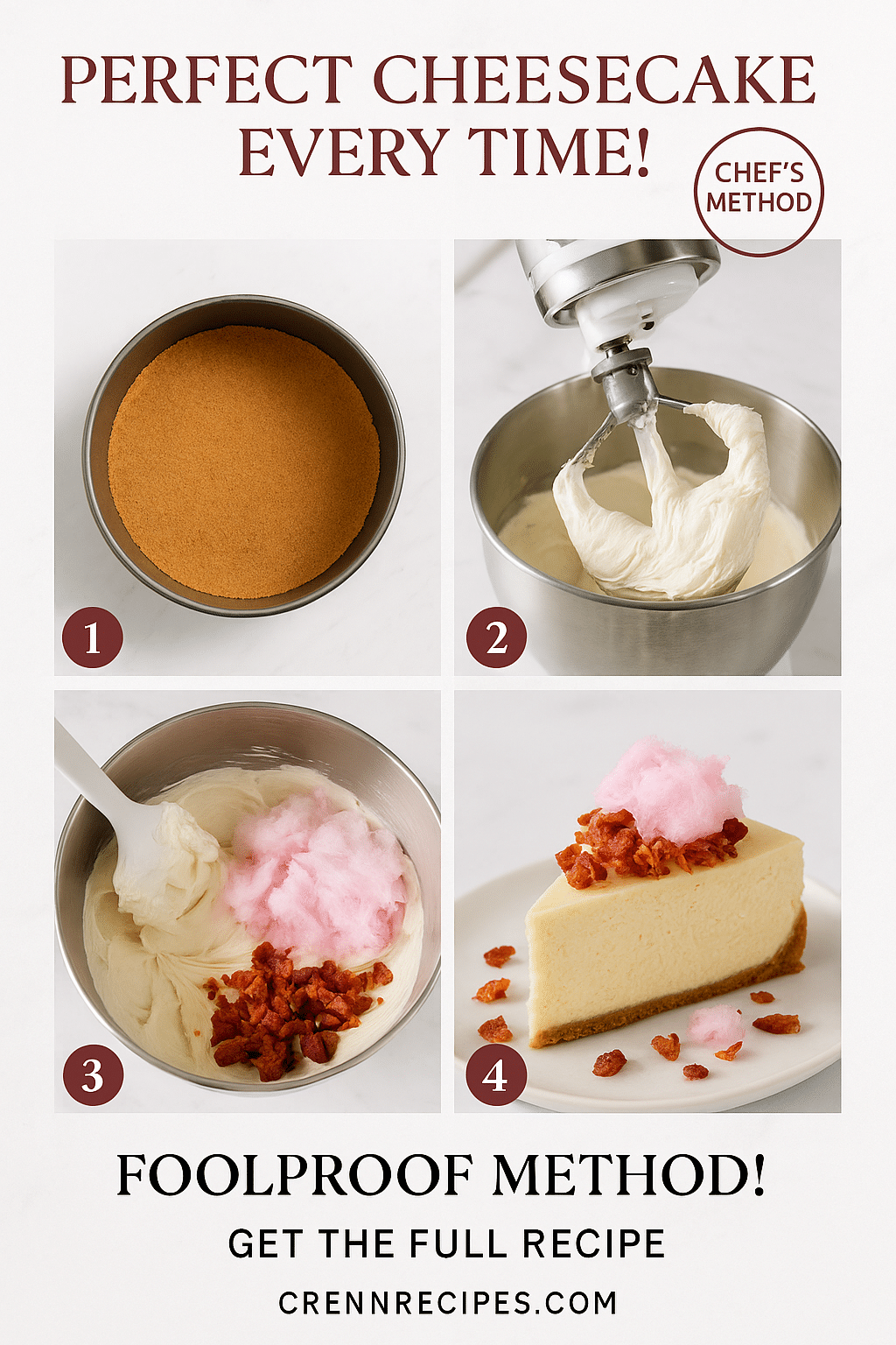 Pinterest tutorial pin showing 4-step process for making Cotton Candy Maple Bacon Cheesecake with numbered instructions and visual guide