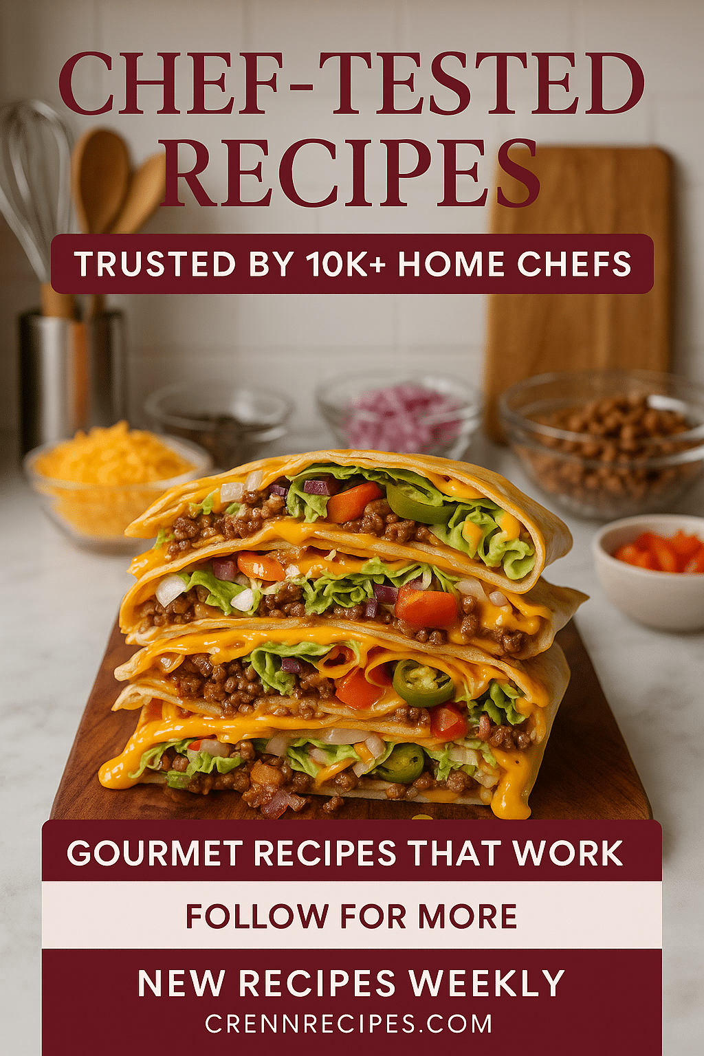 CrennRecipes authority pin showing professional kitchen setup with organized ingredients and chef-tested quality