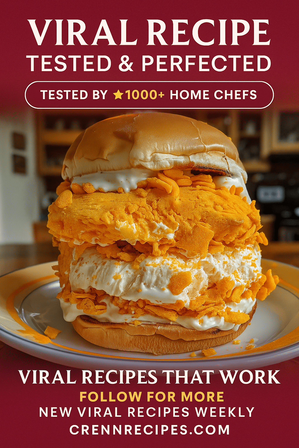 CrennRecipes brand authority Pinterest pin showcasing viral fried ice cream expertise and kitchen setup