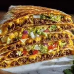 Crunchwrap burger tower cross-section showing crispy tostada center, seasoned beef, melted cheese on marble surface