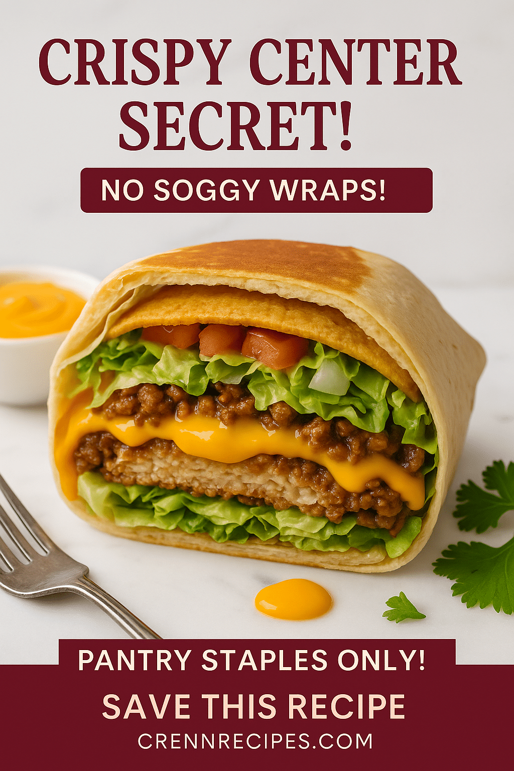 Pinterest pin showing crispy center technique for crunchwrap with tostada shell placement method