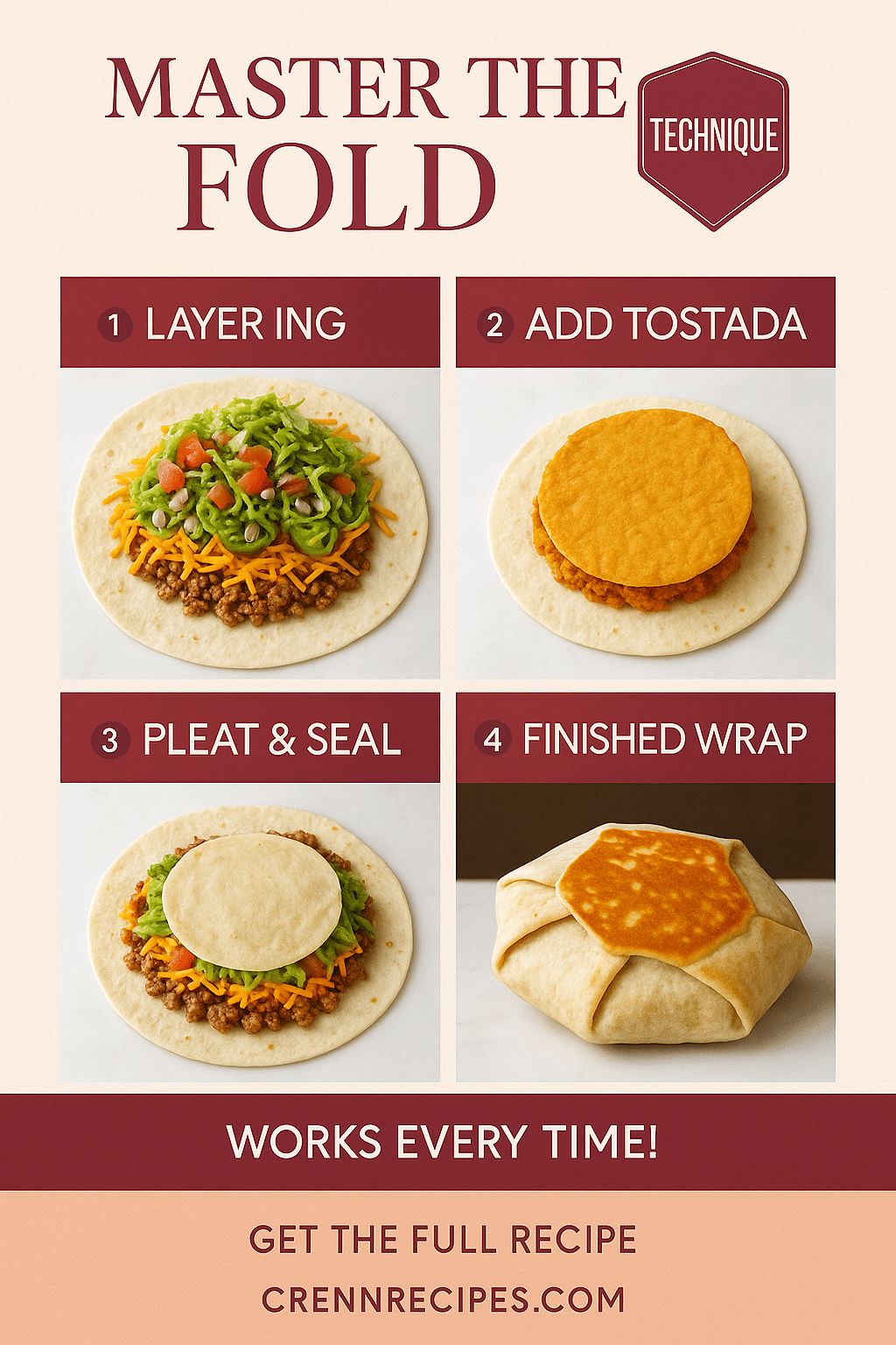 Pinterest tutorial pin showing 4 steps for perfect crunchwrap folding technique with tostada placement