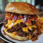 Crunchy Cool Ranch Queso Eruption Burger with melted cheddar cheese and Doritos crunch on toasted brioche bun