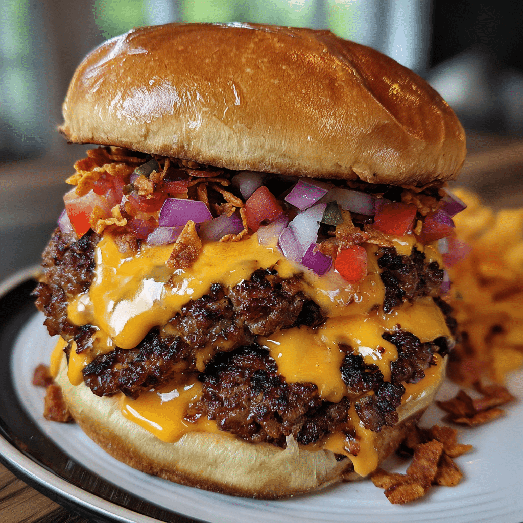 Crunchy Cool Ranch Queso Eruption Burger with melted cheddar cheese and Doritos crunch on toasted brioche bun
