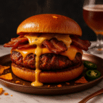 Ultimate Doritos Bacon Blast Burger with melted cheddar cheese and jalapeño queso dripping, restaurant-quality presentation on marble surface