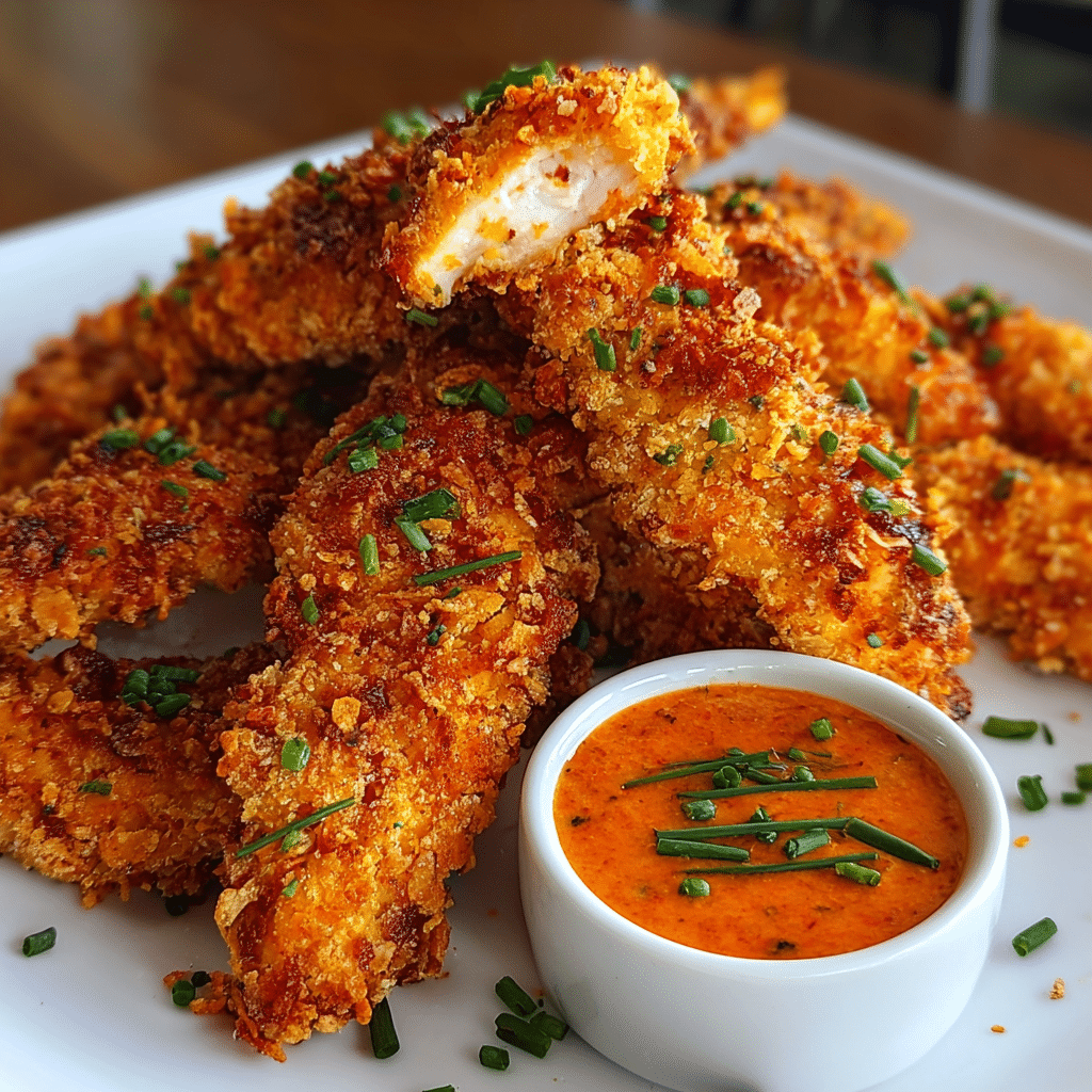 Doritos crusted chicken tenders recipe with crunchy coating and volcano dip CrennRecipes.com premium method