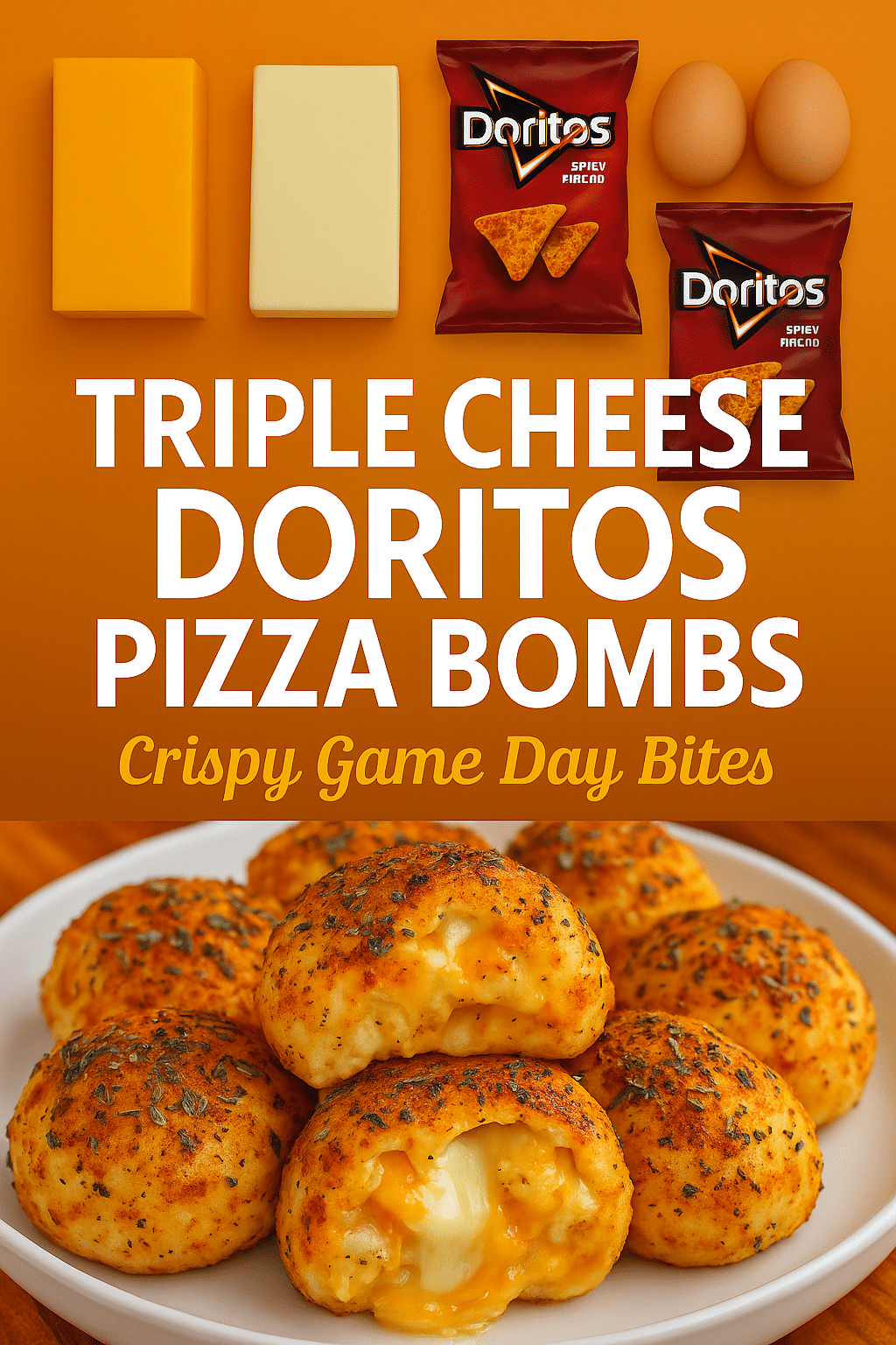 Triple Cheese Doritos-Stuffed Pizza Bombs Pinterest recipe card with ingredient showcase