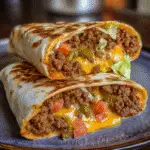 Fiery Takis Crunchwrap with molten queso center cut in half showing crispy tostada layer and spicy beef filling