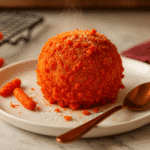 Flamin Hot fried ice cream with golden Cheetos crust on marble surface - SERP competitive viral dessert recipe