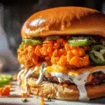 Flaming Hot Cheetos Inferno Burger with Jalapeño Ranch on marble surface showing crispy orange coating and creamy sauce drizzle