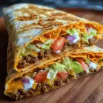 Flaming Hot Doritos Crunchwrap homemade recipe with premium nacho cheese and seasoned beef close-up shot