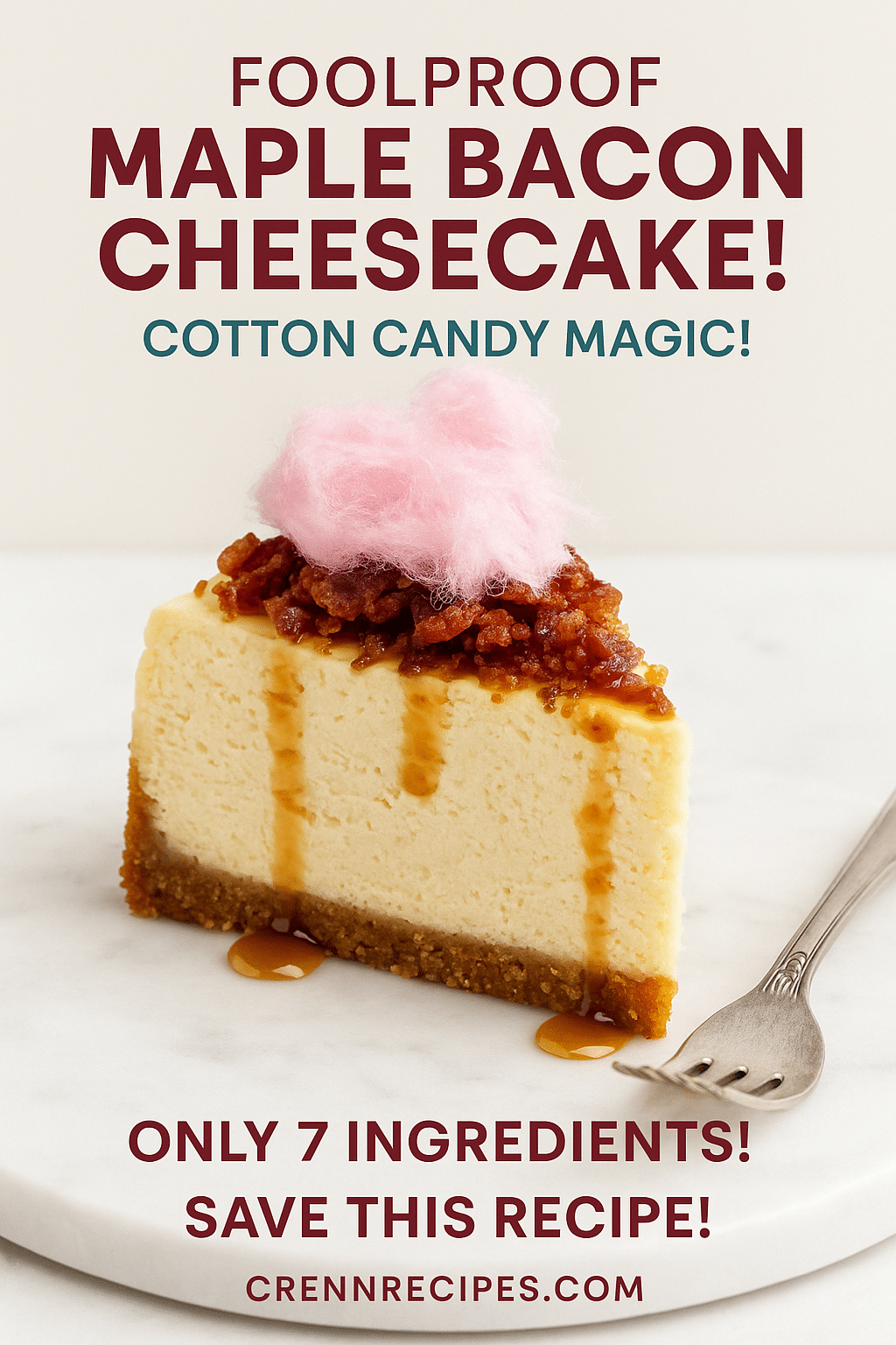 Pinterest pin showing cotton candy maple bacon cheesecake slice with detailed layers and garnish, promoting easy 7-ingredient recipe