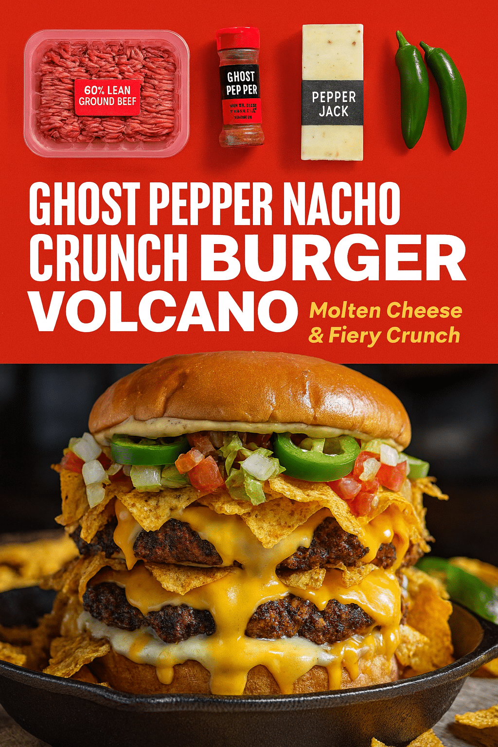 Ghost Pepper Nacho Crunch Burger Volcano Pinterest pin with ingredient showcase and molten cheese CrennRecipes brand