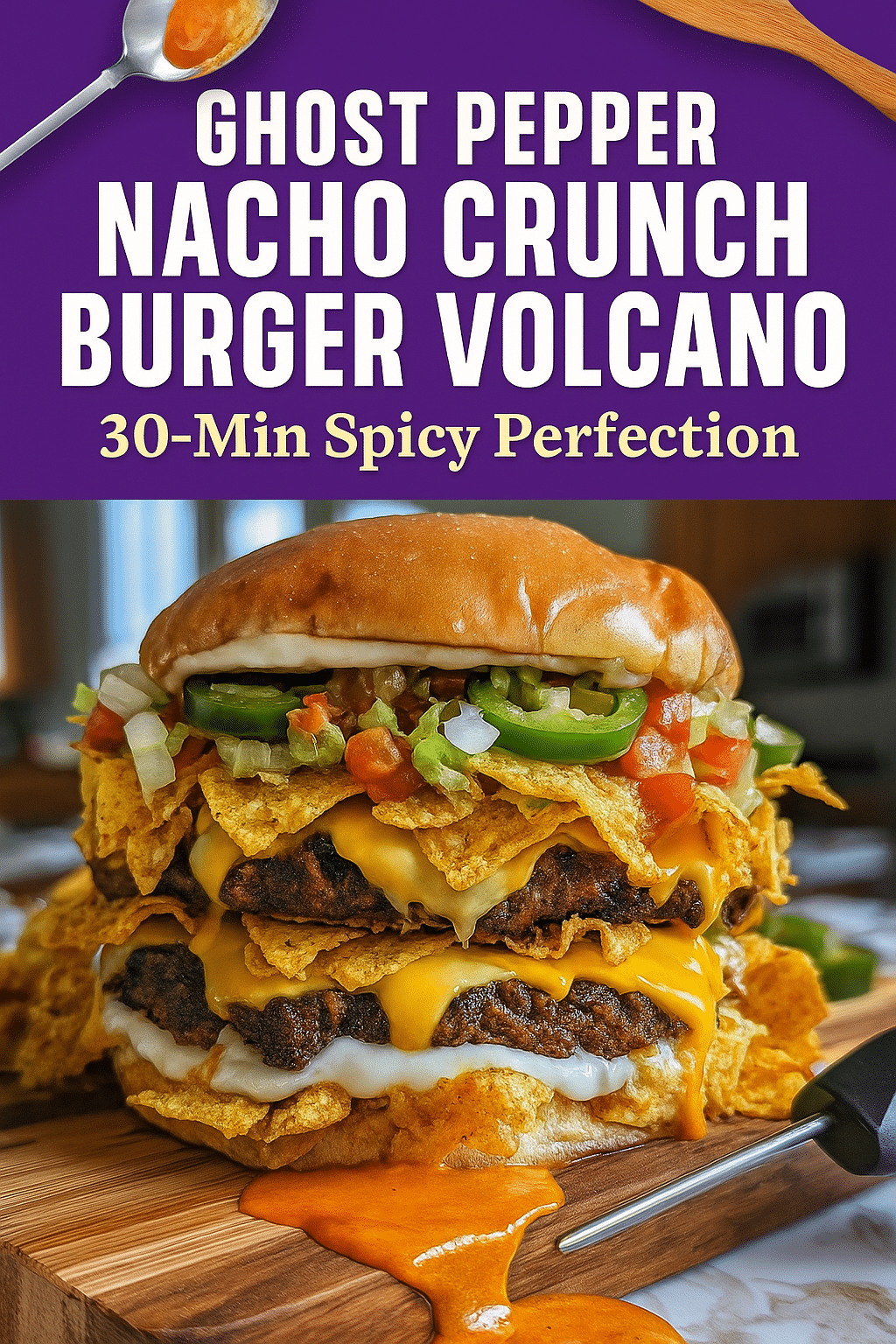 Ghost Pepper Nacho Crunch Burger Volcano Pinterest recipe pin with cooking tools and lava sauce CrennRecipes
