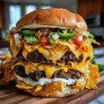 Ghost Pepper Nacho Crunch Burger Volcano with molten pepper jack cheese drip and crushed nacho chips premium ingredients