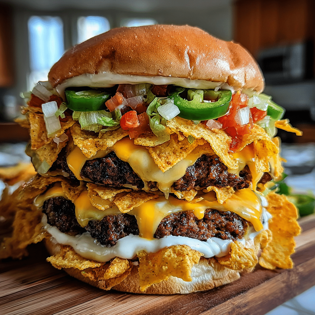 Ghost Pepper Nacho Crunch Burger Volcano with molten pepper jack cheese drip and crushed nacho chips premium ingredients