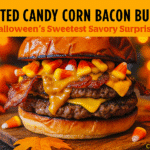 Haunted Candy Corn Bacon Burger recipe - CrennRecipes Halloween burger with peanut butter drizzle
