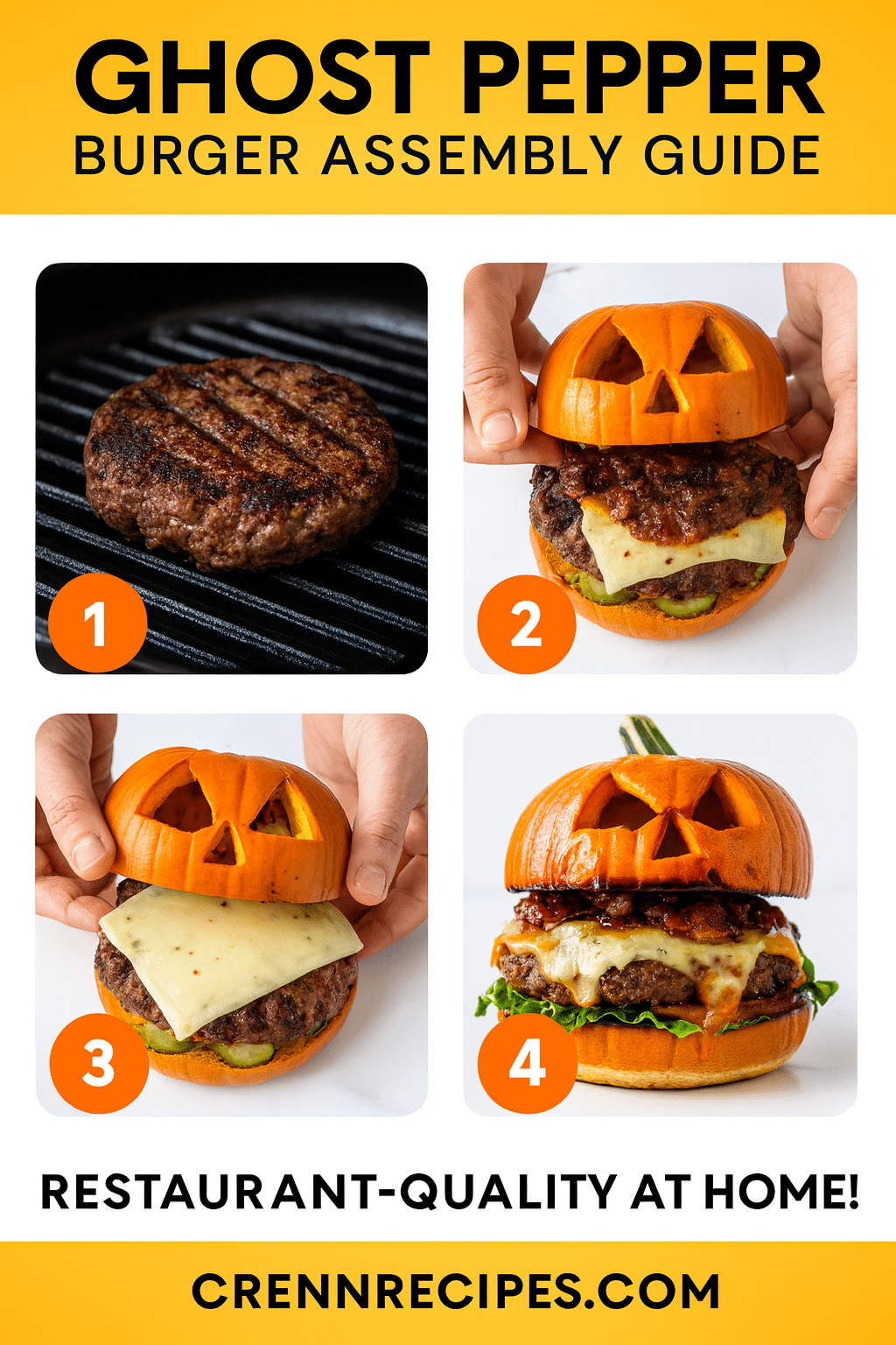 How to build Ghost Pepper Jack-O'-Lantern Burgers tutorial pin - step-by-step Halloween burger assembly guide