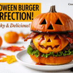 Halloween burger recipe Jack-O'-Lantern Pumpkin Bacon Burger - CrennRecipes elegant-entrees Halloween burger