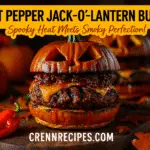 Ghost Pepper Jack-O'-Lantern Burgers recipe - CrennRecipes Halloween burger recipe with smoky bacon jam