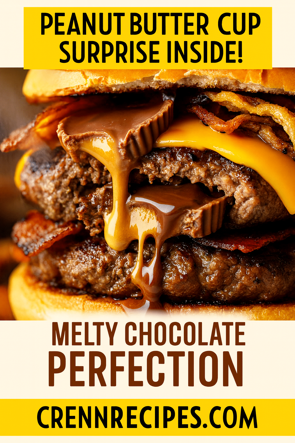 Halloween burger cross section showing melted Reese's Peanut Butter Cups inside beef patty - CrennRecipes gourmet burger technique