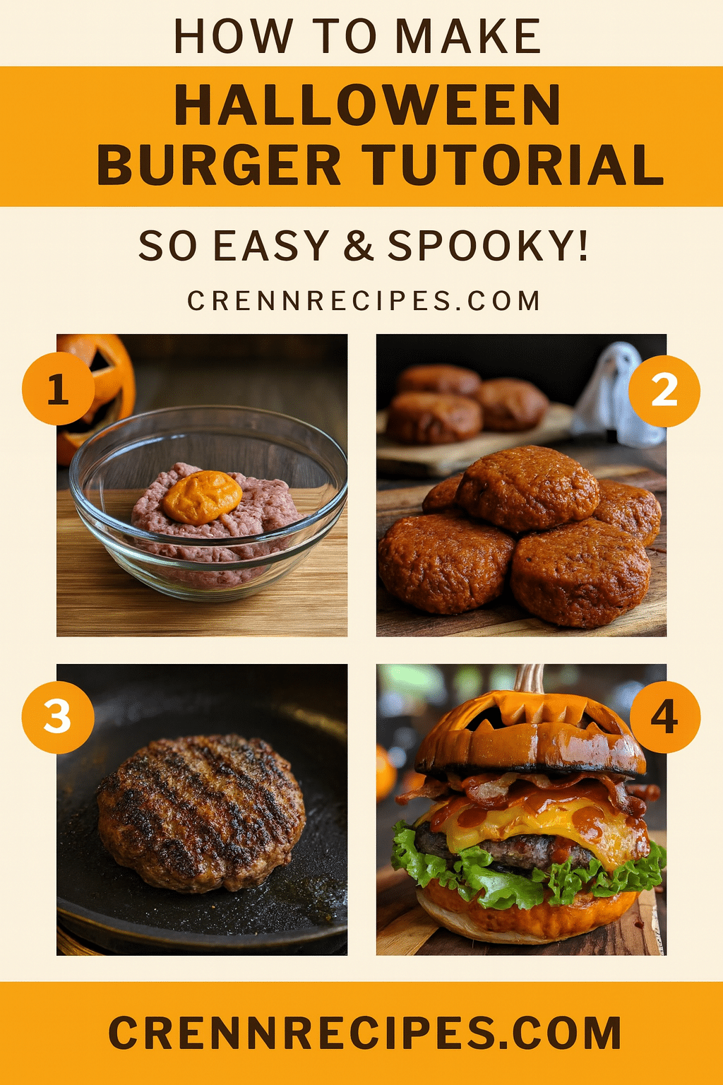Halloween burger tutorial pin - step-by-step pumpkin burger guide