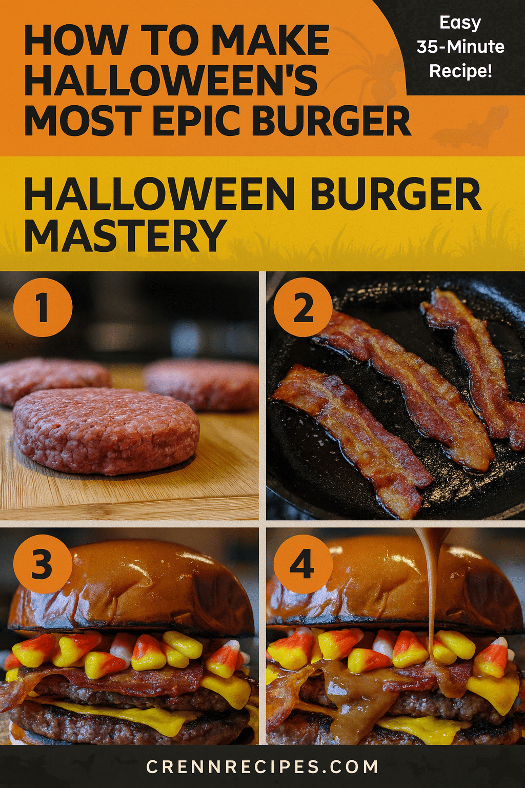 Halloween burger tutorial pin - step-by-step candy corn bacon burger guide