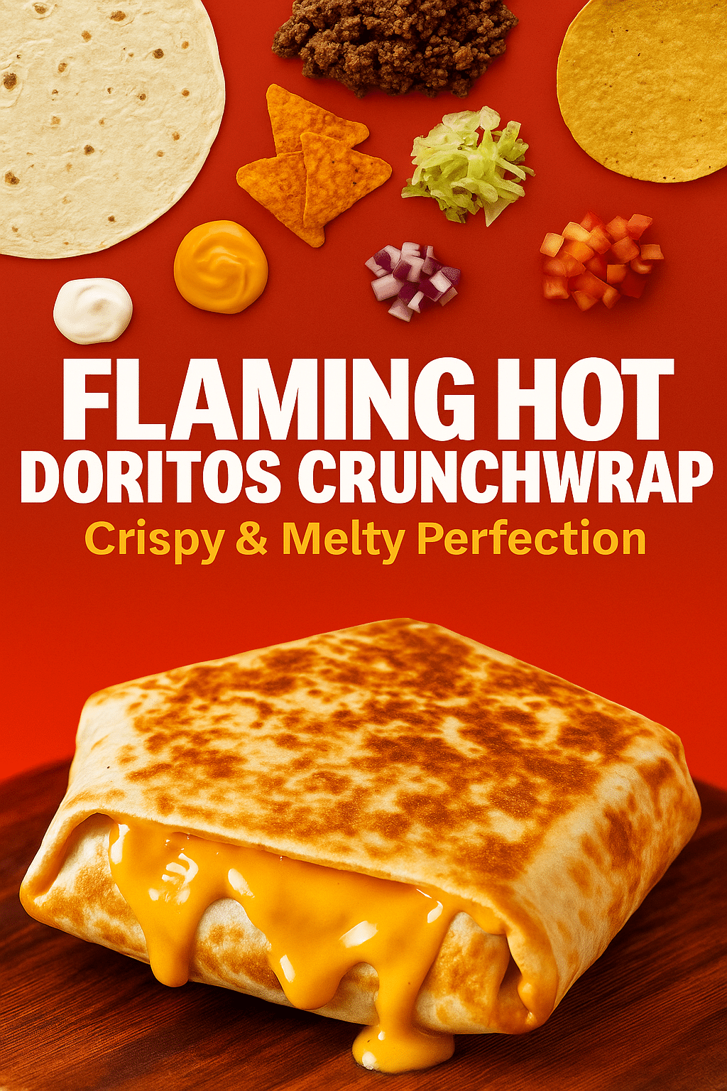 Homemade Crunchwrap Supreme Pinterest recipe pin showing assembly steps and cross-section CrennRecipes