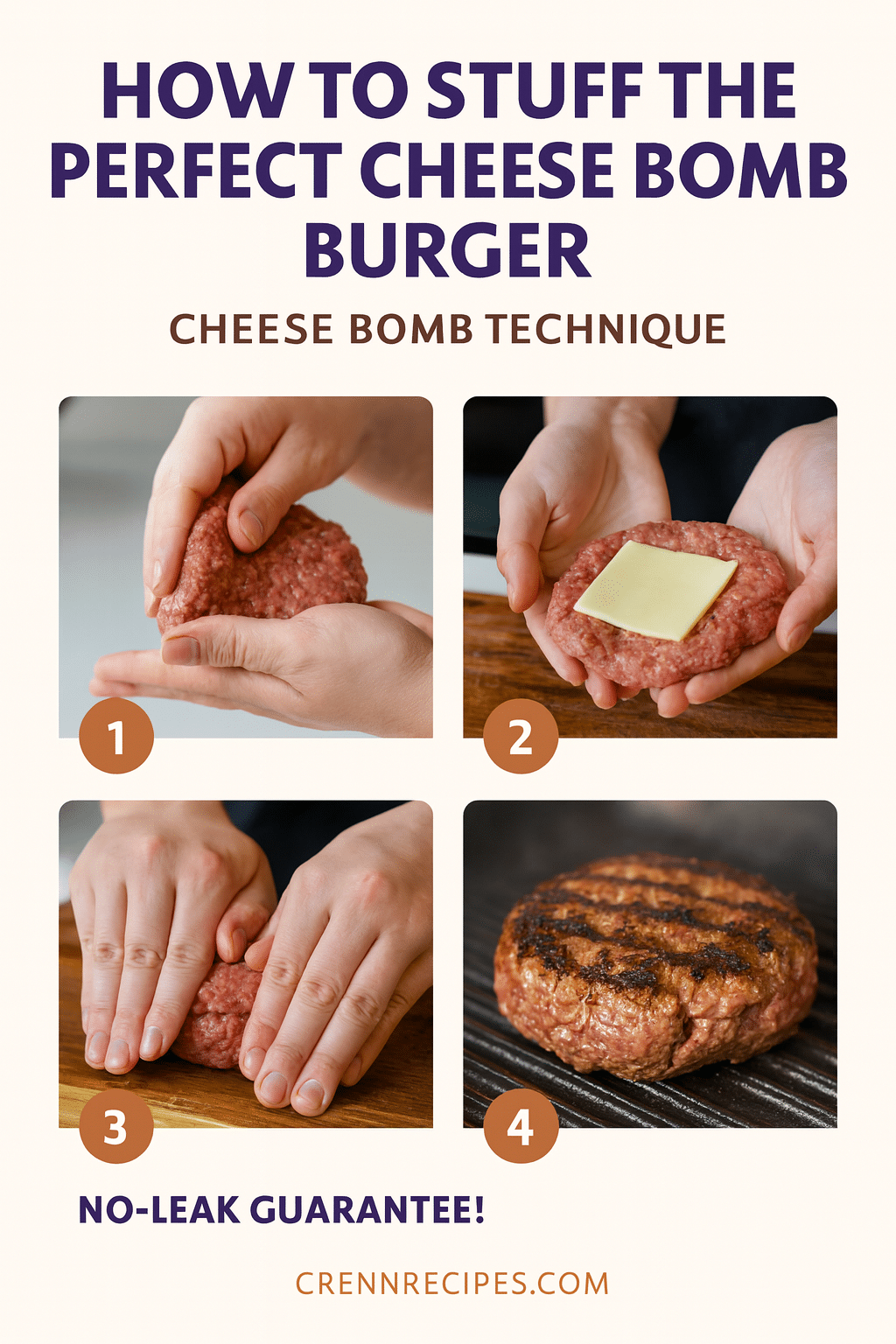 How to stuff perfect cheese bomb burger tutorial pin - step-by-step elegant entrees guide