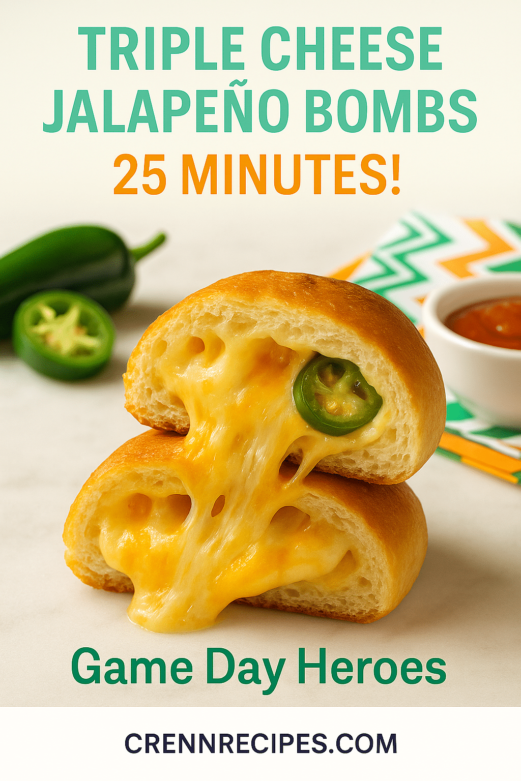 Triple Cheese Jalapeño Pizza Bombs Pinterest recipe pin - 25 minute party appetizers jalapeño pizza bombs
