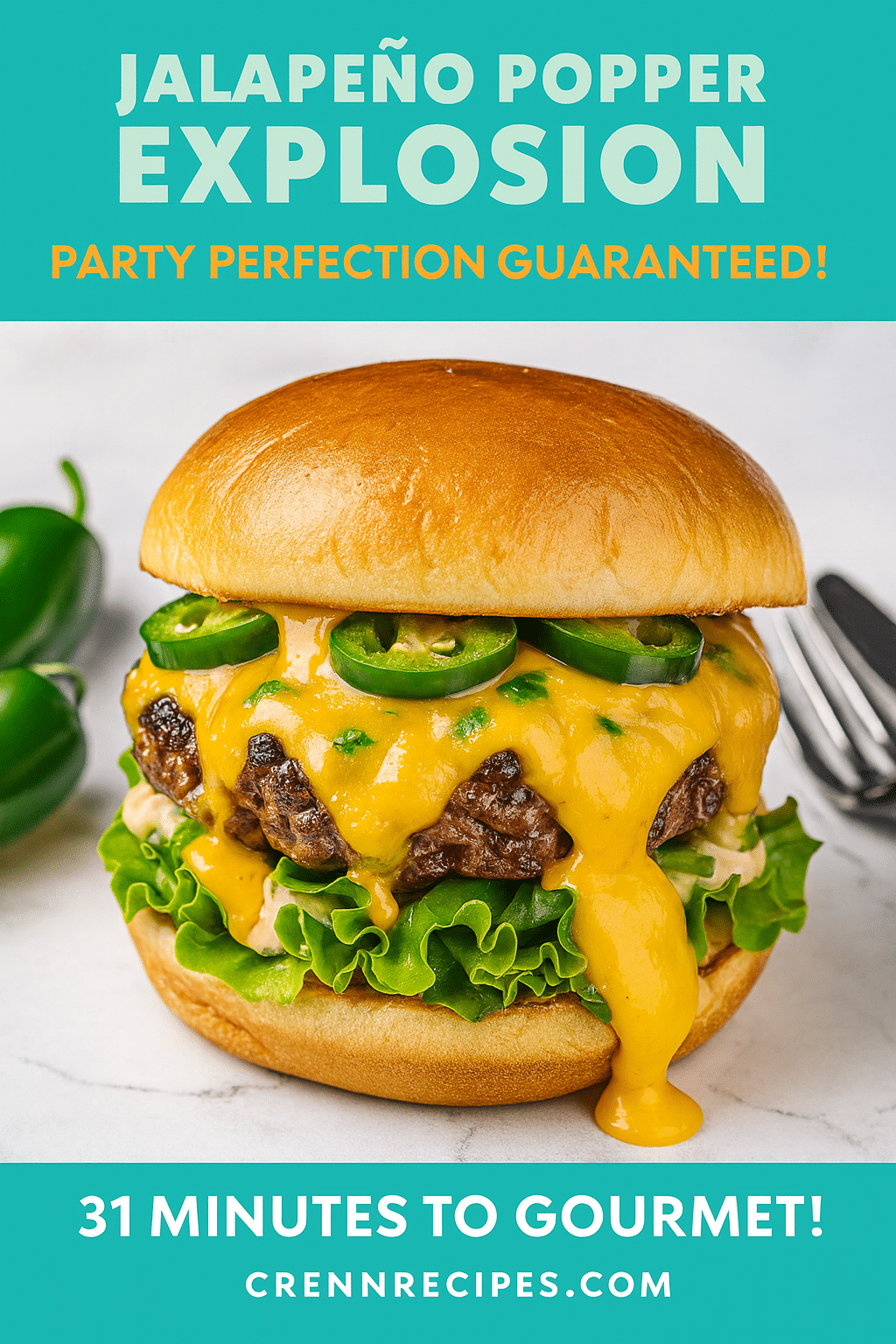 Jalapeño Popper Queso Eruption Burger Pinterest recipe pin - party perfection stuffed burger jalapeño popper