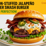 Bacon-stuffed jalapeño popper smash burger recipe - CrennRecipes gourmet-appetizers jalapeño popper smash burger